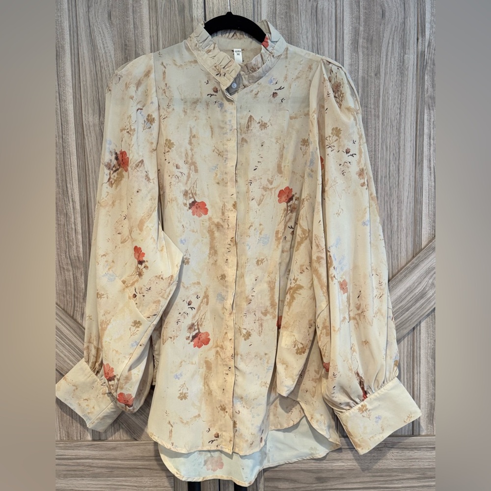 NWOT Floral Button-Up Bishop Sleeve Oversized Blouse
